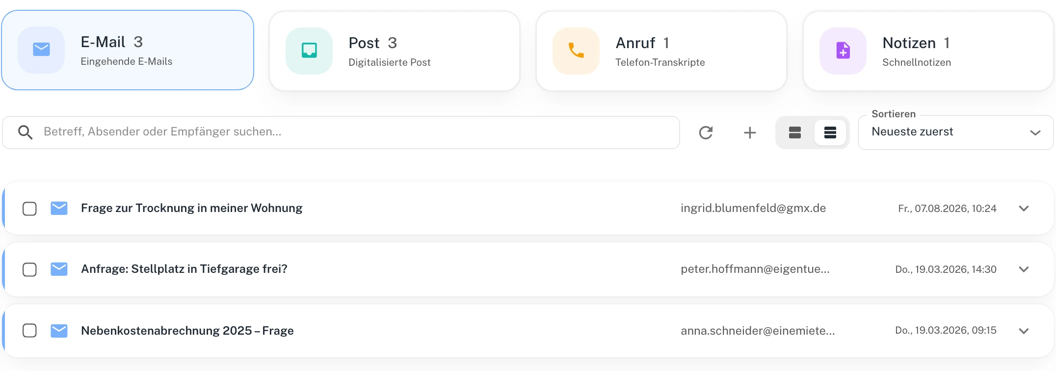 Der Eingang: E-Mail, Post, Anruf und Notizen an einer Stelle