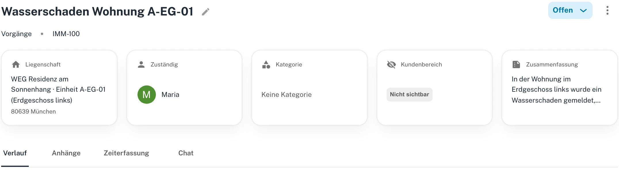 Der Kopf eines Vorgangs mit Liegenschaft, Zuständigen und Zusammenfassung