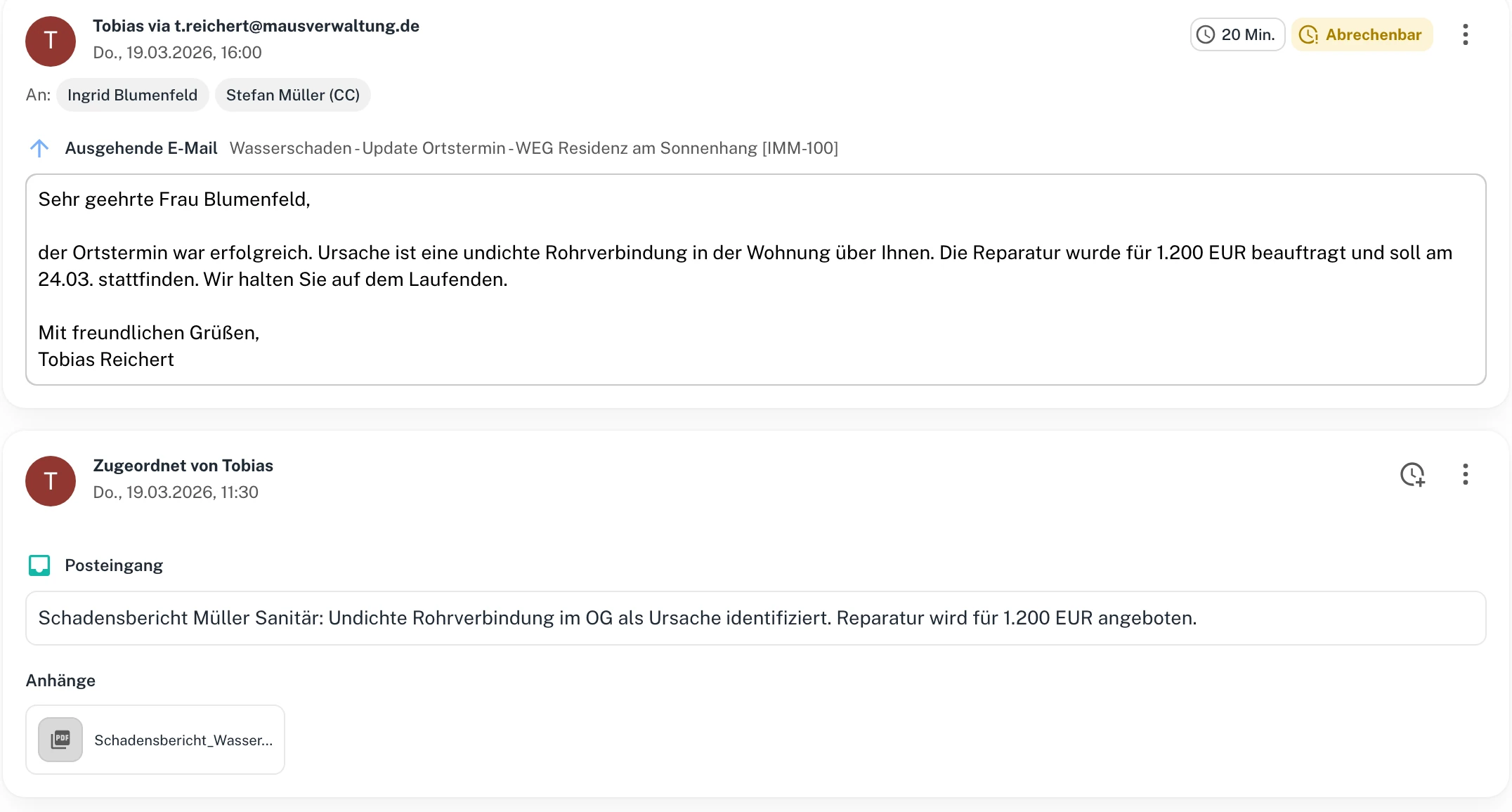 Der Verlauf: ausgehende E-Mail, zugeordneter Posteingang, Anhang
