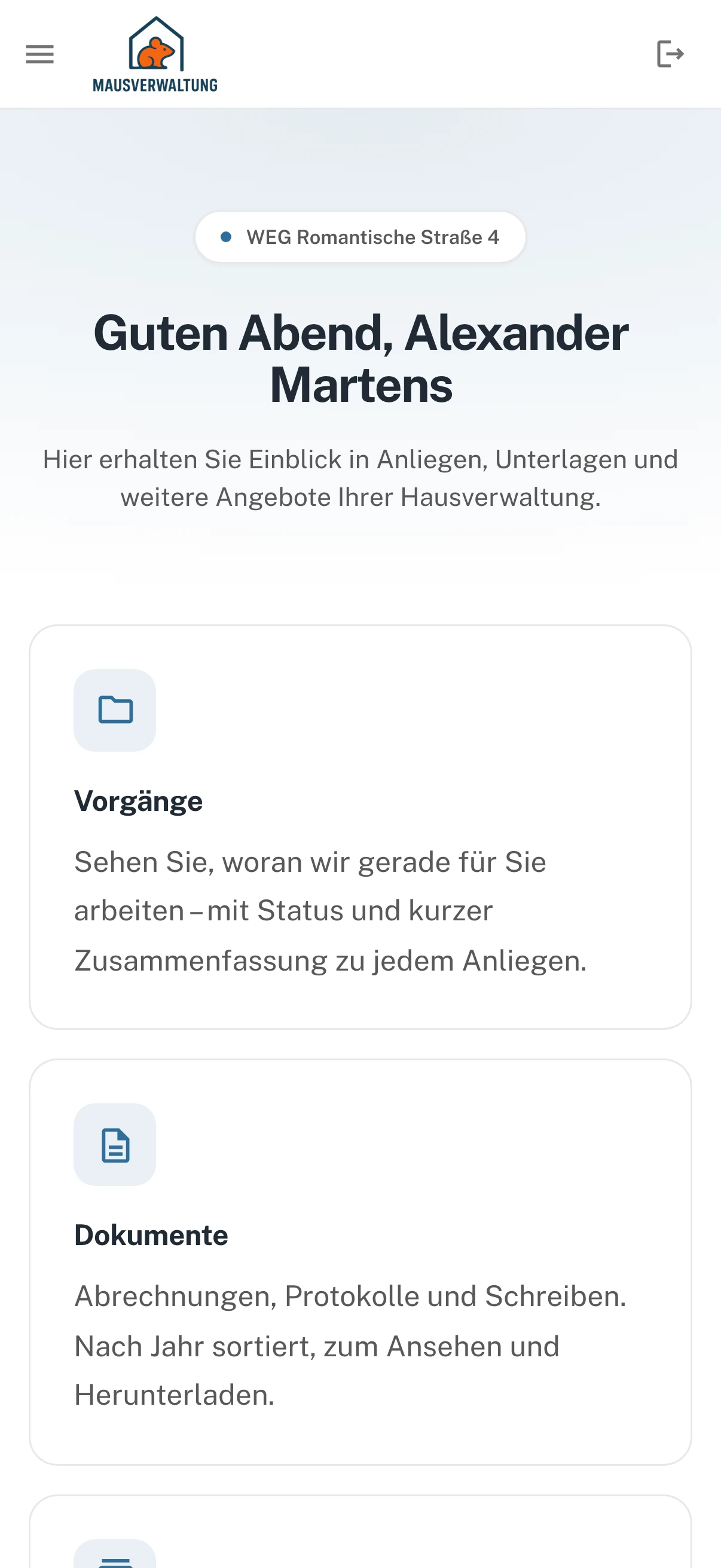 Die Startseite des Kundenbereichs am Handy mit Begrüßung und den Bereichen